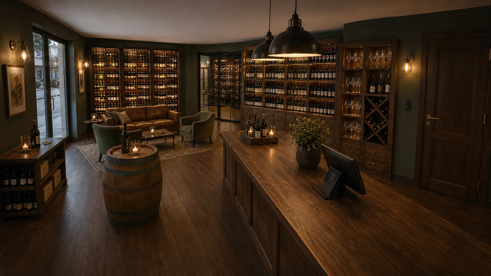Warme, moderne Vinothek mit Holzregalen und einer kleinen Sitzecke
